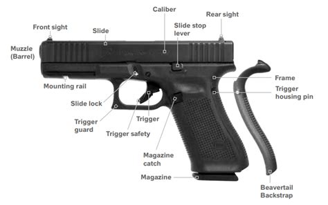 Glock 17 pjūvio schema su pažymėtais komponentais