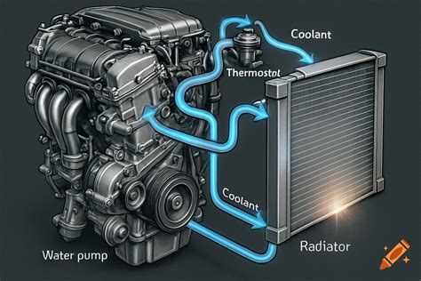 An illustration of a car engine's cooling system, highlighting the radiator, thermostat, and heater core connections.