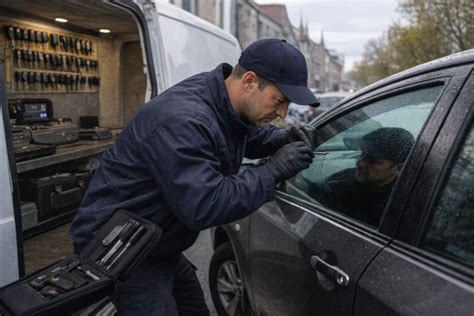 Nuotrauka, vaizduojanti meistrą, naudojantį specialius įrankius automobiliui atrakinti.