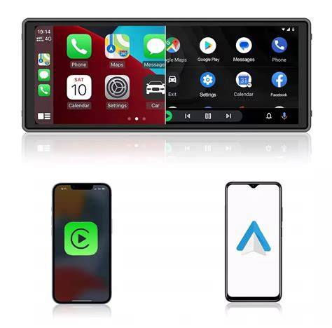 CarPlay ir Android Auto logotipai šalia automobilio pramogų ekrano