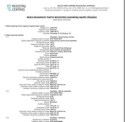 Nekilnojamojo turto registro išrašo pavyzdys, rodantis servituto įrašus