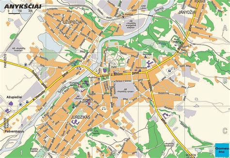 Anykščių miesto gatvių žemėlapis su pašto kodų žymėjimais