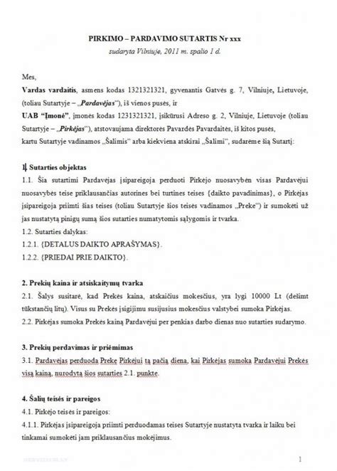 Pirkimo-pardavimo sutarties pavyzdys