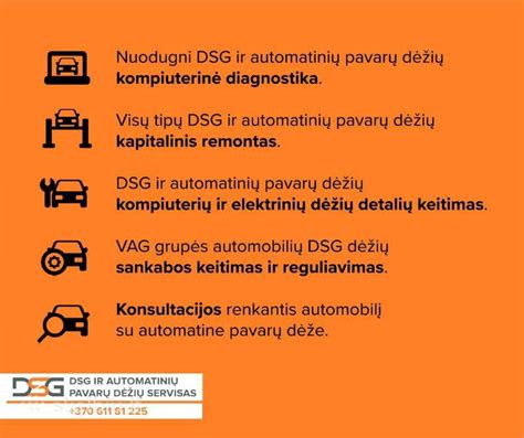 Infografika, lyginanti skirtingų DSG pavarų dėžių modelių technines charakteristikas ir galimus gedimus.