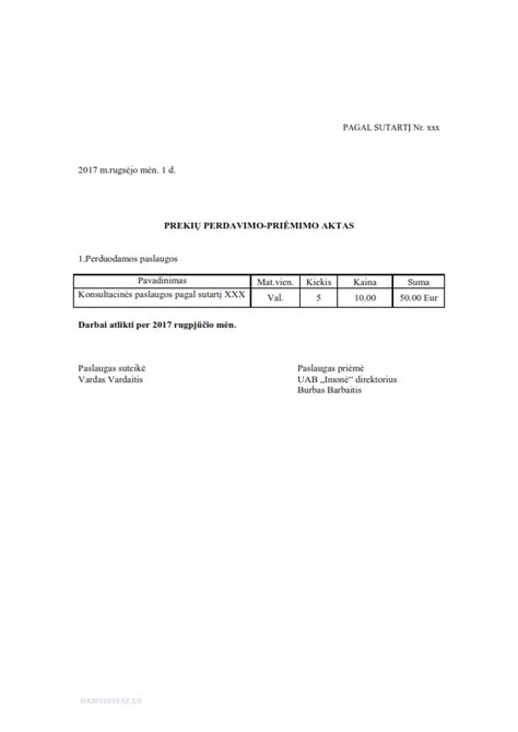 Pavyzdys dokumentų (darbų priėmimo-perdavimo aktas)