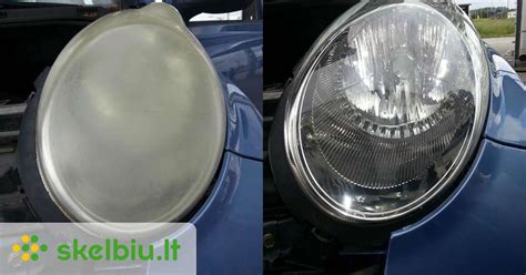 Vaizdas, demonstruojantis skirtingus automobilio žibintų remonto ir priežiūros etapus: reflektoriaus atnaujinimas, stiklo poliravimas, vidinis valymas.