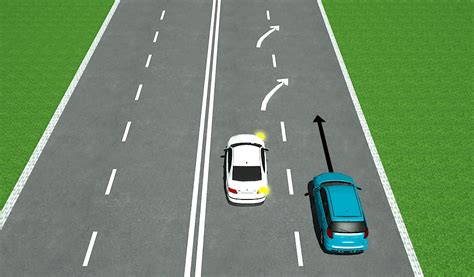 schematinis vaizdas, kaip automobilis įvažiavo į priešpriešinę eismo juostą ir sukėlė susidūrimą su kitais automobiliais