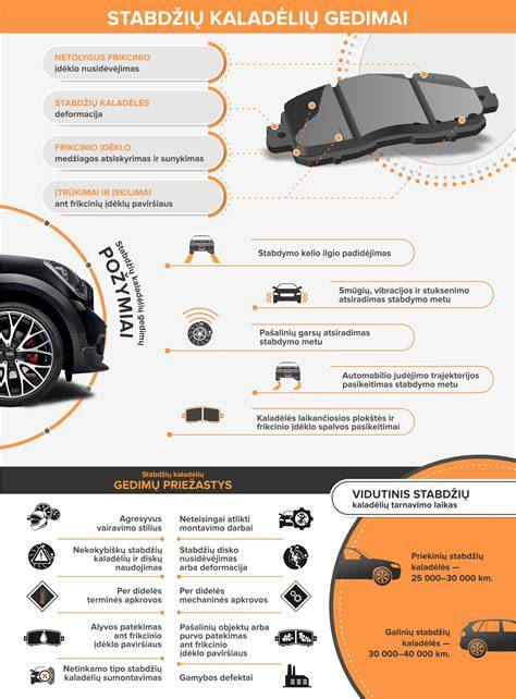 Infografika: stabdžių diskų nusidėvėjimo kreivė ir kaladėlių bei diskų suderinamumo diagrama
