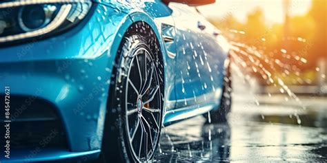 Thematic photo of car exterior being rinsed with a high-pressure washer or hose