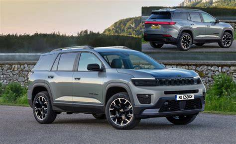 Infografika apie Jeep Compass naujienas: dizainas, platforma STLA Medium, krovinių erdvė, saugumo funkcijos