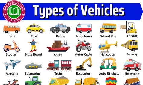 Infographic of various vehicle types used for driving instruction (cars, motorcycles, trucks, buses).