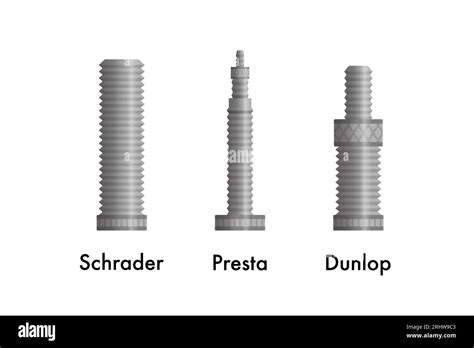 Schema: skirtingų dviračių vožtuvų tipų iliustracijos (Schrader, Presta, Dunlop)