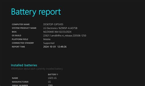 Ekrano nuotrauka, rodanti „Windows Battery Report“ ataskaitą su talpos istorija