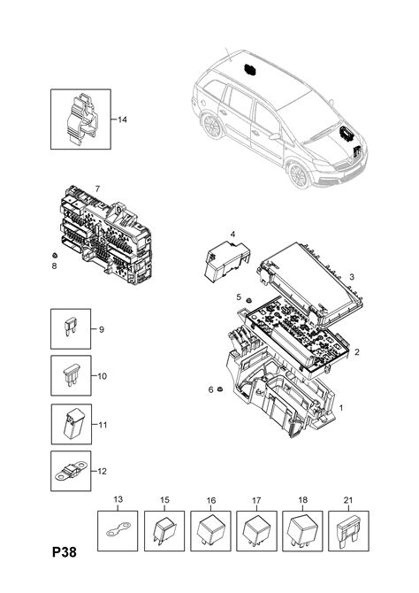 Opel Zafira pusašio schema su išdėstytais komponentais