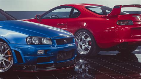 Tematinė iliustracija: Klasikiniai ir modernūs japoniški sportiniai automobiliai, pvz., Toyota Supra, Nissan GT-R