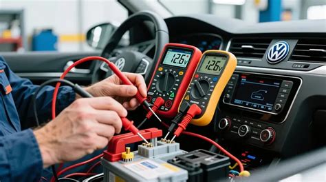 Mechanikas tikrina automobilio elektros grandinę multimetru