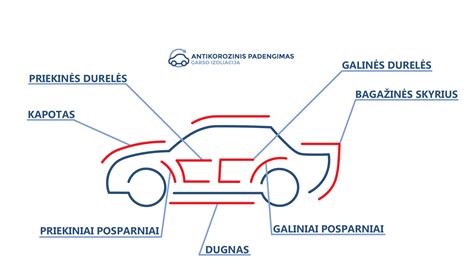 Schema: automobilio kėbulo vietos, kurioms reikalingas antikorozinis padengimas
