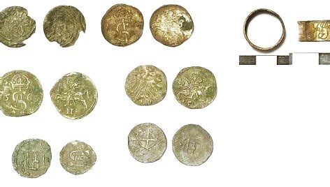 Archeologinių radinių iliustracija (monetos, keramikos fragmentai)