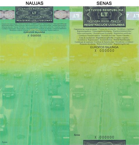 Pavyzdys: naujas transporto priemonės registracijos liudijimas su herbu