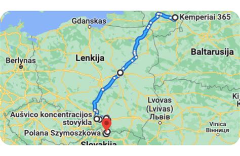 Google Maps žemėlapio fragmentas su paieškos rezultatais ir maršruto parinktimis