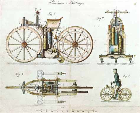 Ilustracija, vaizduojanti pirmąjį G. Daimlerio motociklą „Petroleum - Reitwagen“ su mediniais elementais ir atraminiais ratukais.