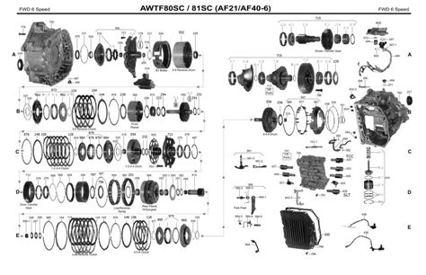 TF-80SC transmisijos schema su išskirtais hidraulinio bloko komponentais