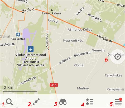 Maps.me programėlės pagrindinis ekranas ir žemėlapio vaizdas