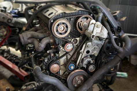 Teminė nuotrauka su automobilio varikliu ir paskirstymo diržu