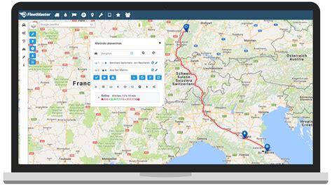 Transporto maršruto planavimo programa kompiuterio ekrane, su žemėlapiu ir užduočių sąrašu