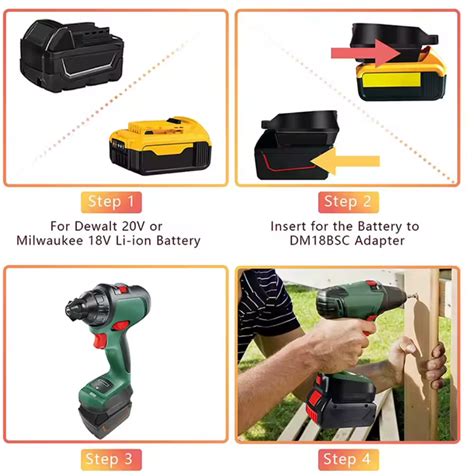 Infografika, iliustruojanti Bosch (žalias Power for ALL) → DeWalt / Milwaukee adapterio suderinamumą