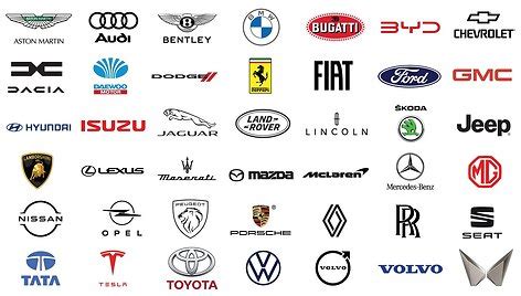 Įvairių automobilių nuomos kompanijų logotipai ir automobilių nuotraukos