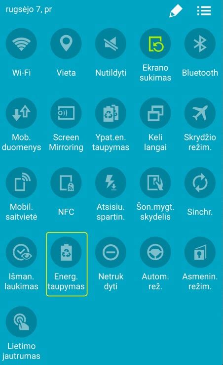 Sistemos nustatymų ekranas su baterijos taupymo režimu