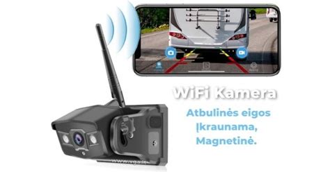 Ilustracija, rodanti atbulinės eigos kameros montavimą automobilio gale ir jos vaizdą multimedijos ekrane.