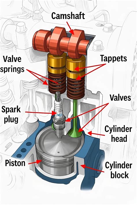schema depicting the internal components of an internal combustion engine, highlighting piston rings and valve seals