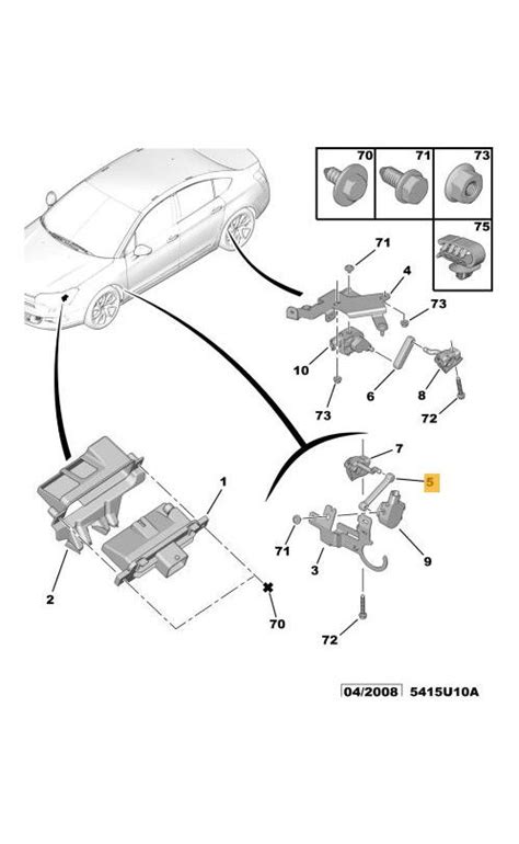 Scheminis Peugeot 607 priekinių žibintų aukščio daviklių išdėstymas (priekyje ir gale)