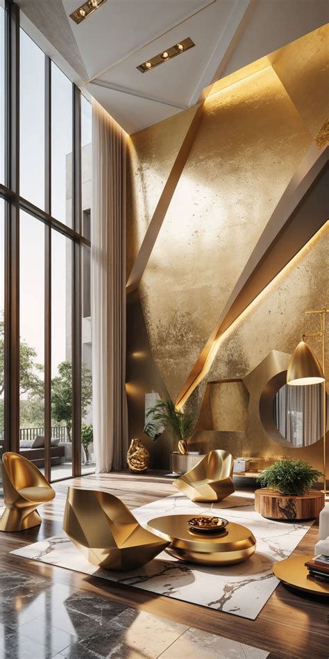 Interior design with golden accents on walls, furniture, and decorative elements.
