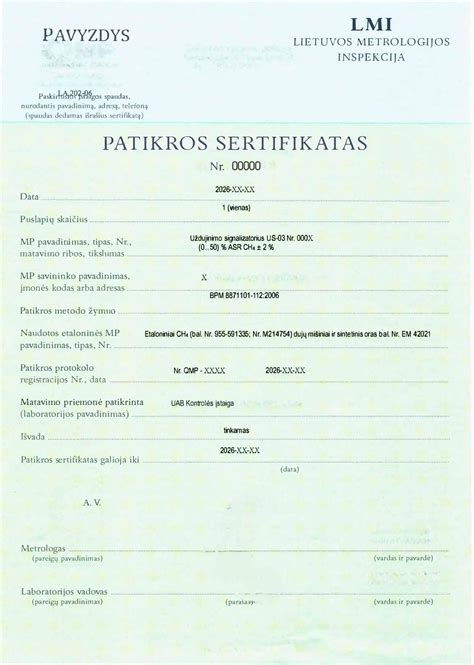 Dokumento nuotrauka: dujų įrangos atitikties sertifikatas