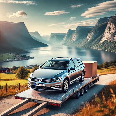 Teminis automobilis, važiuojantis nuostabiu Norvegijos fiordu kraštovaizdžiu