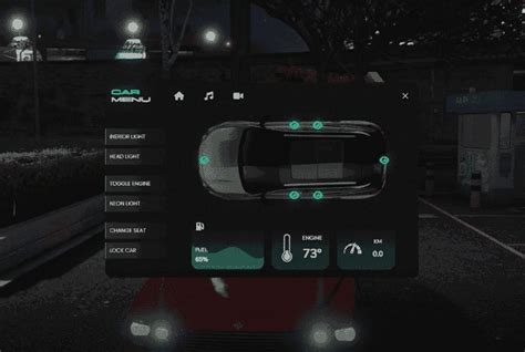 infografika: FiveM transporto priemonės valdymo meniu su pažymėtu bagažinės atidarymo mygtuku