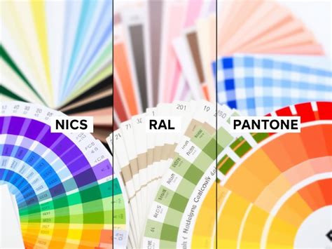 Infografika, lyginanti skirtingas spalvų kodavimo sistemas (RAL, NCS, Pantone)