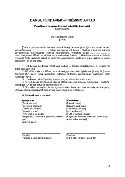 Pavyzdys užpildyto perdavimo-priėmimo akto