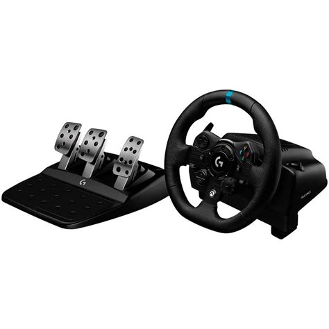 Fotografija, vaizduojanti Logitech G923 žaidimų vairą, pedalus ir galimą shifterį