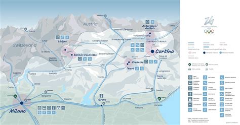 Žemėlapis su Milano ir Kortinos olimpinių žaidynių vietovėmis