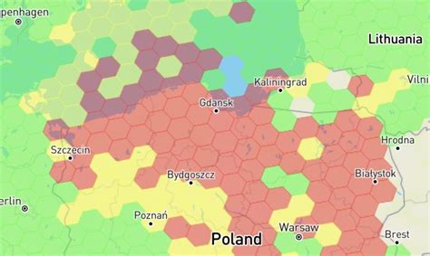 Erdvinis žemėlapis, rodantis GPS signalo trikdžių intensyvumą skirtingose Lenkijos dalyse ir Baltijos jūroje.
