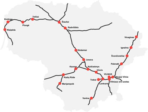 Lietuvos geležinkelio pervažų žemėlapis, pažymėtos reguliuojamosios ir nereguliuojamosios pervažos.