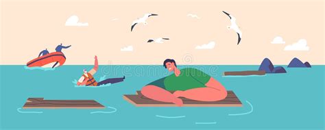 Illustration of a child on a wooden plank floating on a lake, with an old man on the shore.