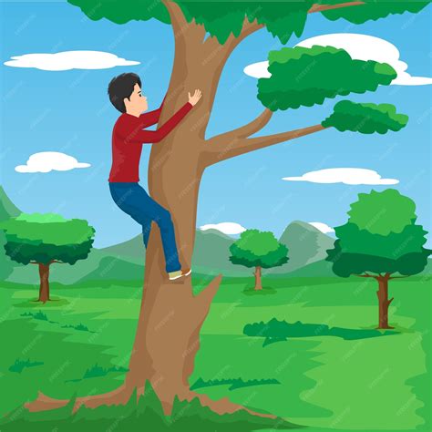 Detailed illustration of a witch looking into a well, while a boy is climbing a tree in the background.