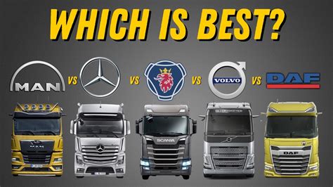 infografika: pagrindinių vilkikų gamintojų (Volvo, Scania, Mercedes-Benz, MAN, DAF, Renault, Iveco) palyginamoji lentelė pagal kainą ir technines savybes