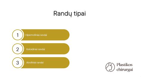 Infografika: randų tipai (hipertrofiniai, keloidiniai, atrofiniai) ir jų charakteristikos