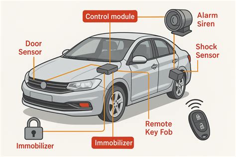 Automobilio signalizacijos sistemos komponentų schema su pagrindiniais elementais